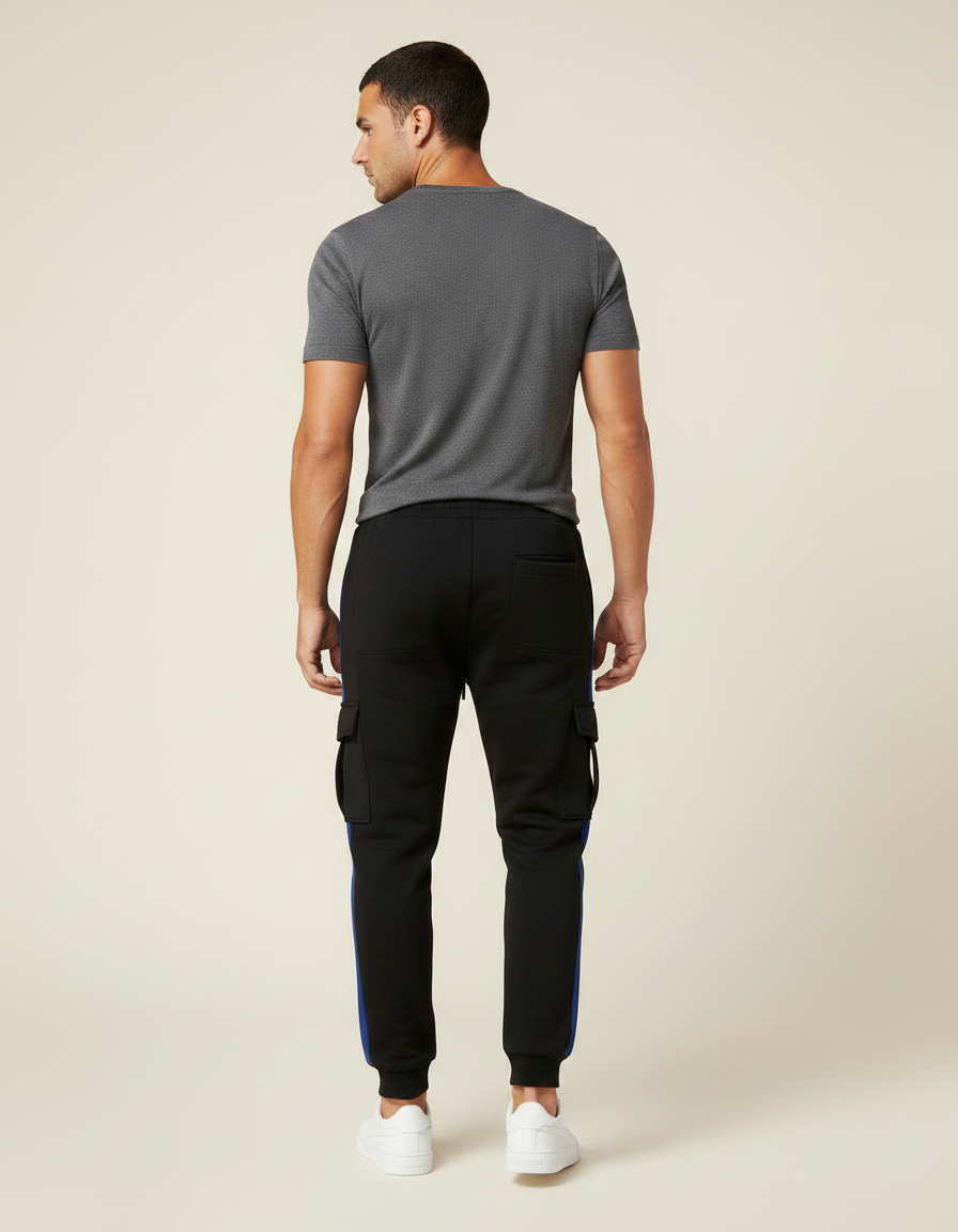 Pantalon Noir Cargo Jogging Sportif Rayure Bleu - Molleton - vue 2