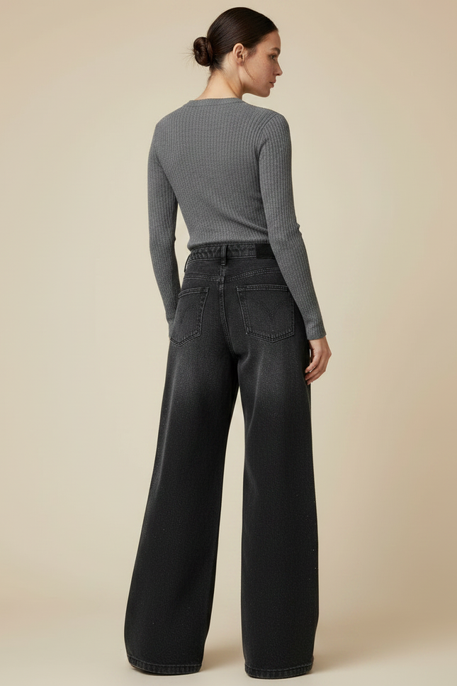 Pantalon Noir Denim Large Strass Scintillant Taille Haute - Jean - vue 2