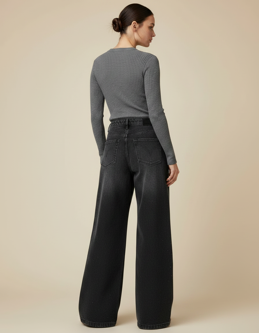 Pantalon Noir Denim Large Strass Scintillant Taille Haute - Jean - vue 2