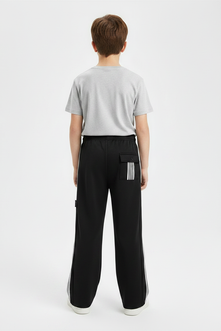 Pantalon Noir Garçon Ample Sport Rayures Latérales - Molleton - vue 2
