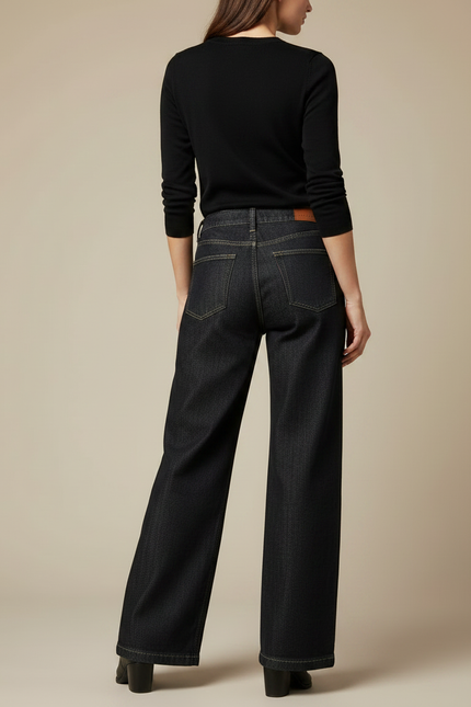 Pantalon Noir Jean Brodé Ample Taille Haute - vue 2