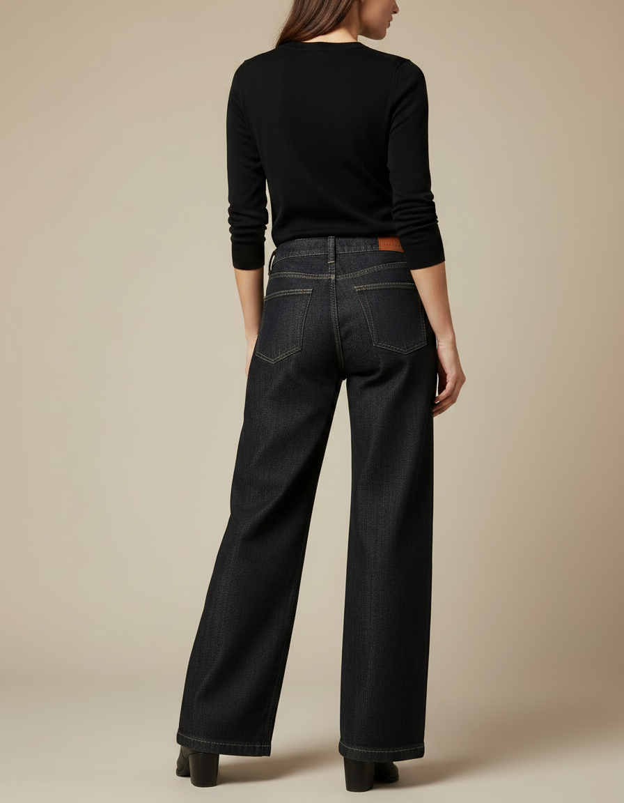 Pantalon Noir Jean Brodé Ample Taille Haute - vue 2