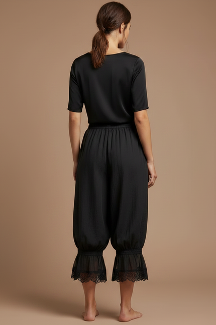 Pantalon Noir Ample Plissé Dentelle Élastique Fluide - Viscose - vue 2