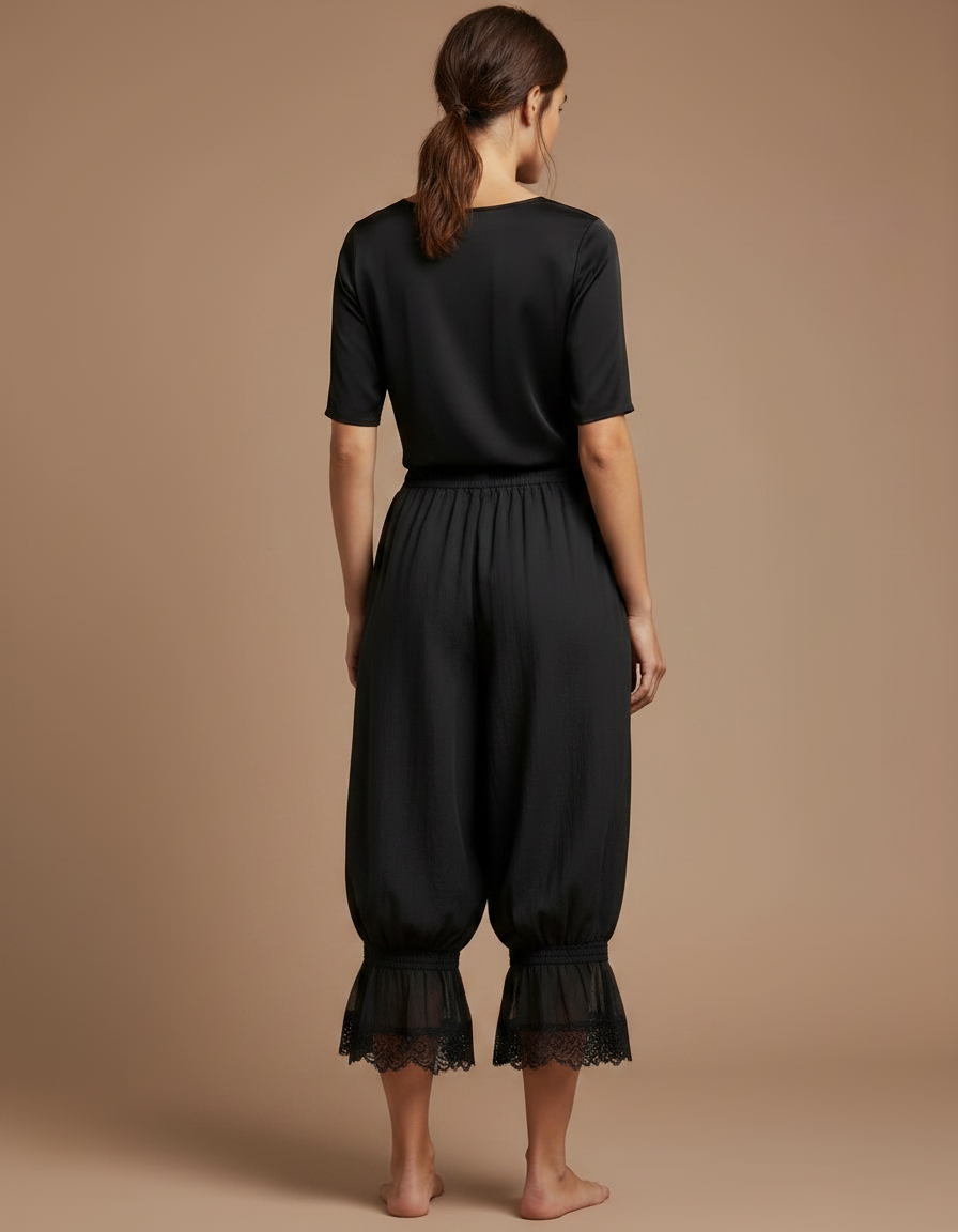 Pantalon Noir Ample Plissé Dentelle Élastique Fluide - Viscose - vue 2