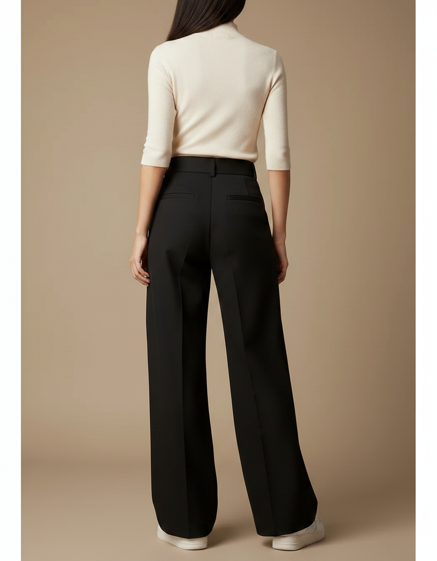 Pantalon Noir Ample Plissé Décontracté Femme - Gabardine - vue 2