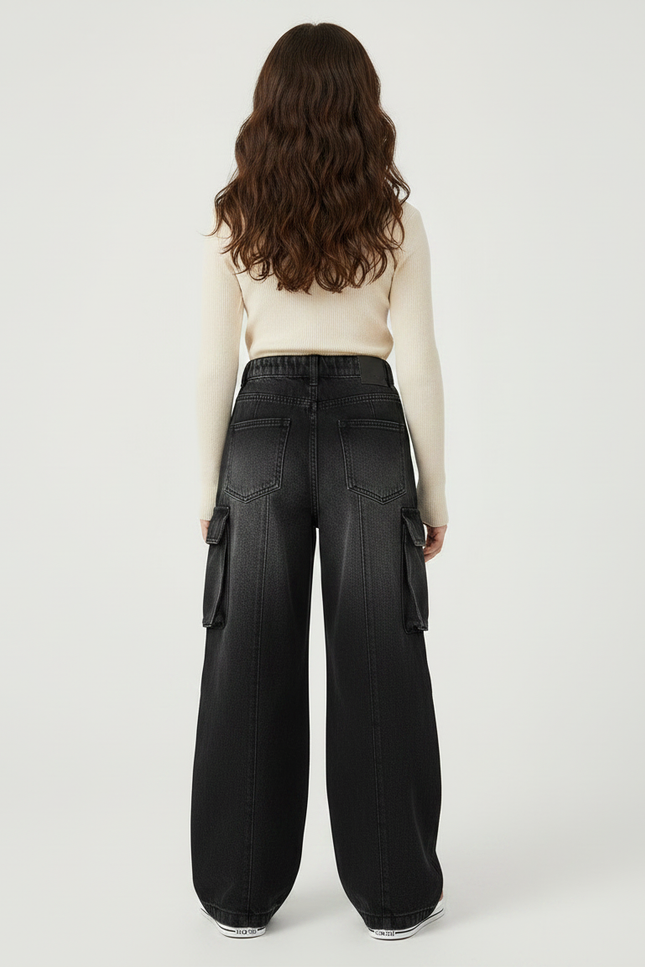 Pantalon Noir Cargo Ample Denim Fille Décontracté - Jean - vue 2