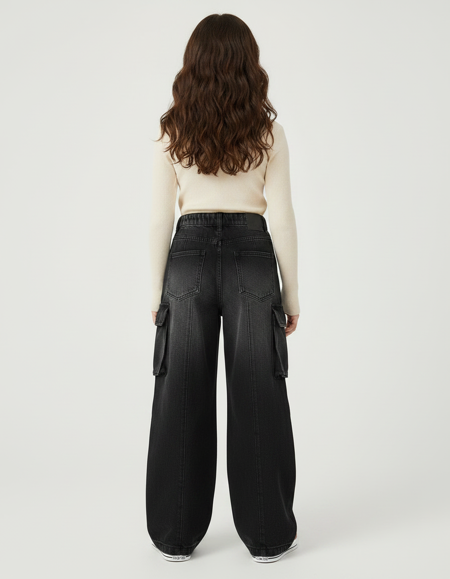Pantalon Noir Cargo Ample Denim Fille Décontracté - Jean - vue 2