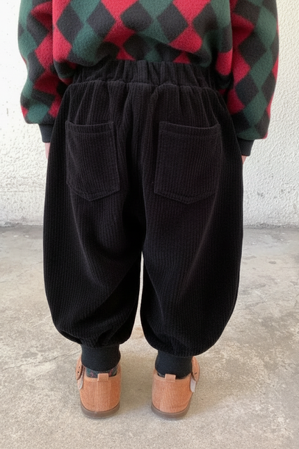 Pantalon Noir Côtelé Ample Harem Enfant - Cordé