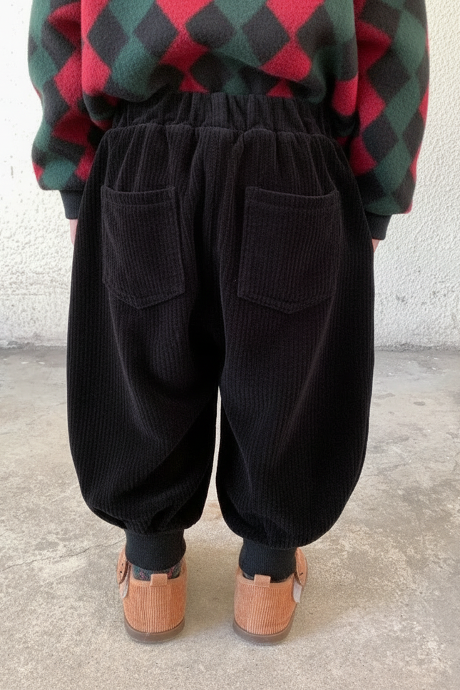 Pantalon Noir Côtelé Ample Harem Enfant - Cordé