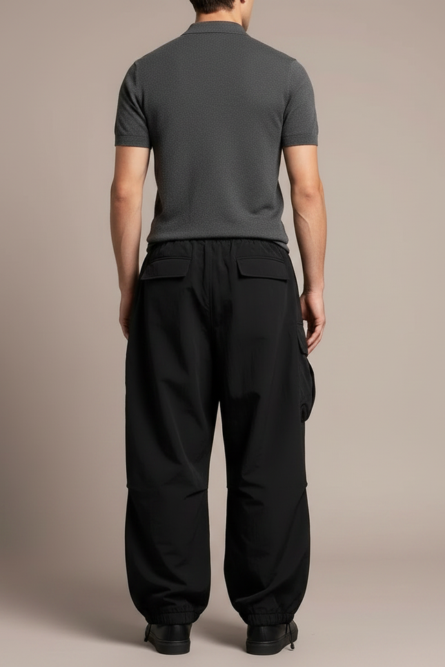 Pantalon Noir Cargo Ample Cordon Streetwear Homme - Polyester - vue 2