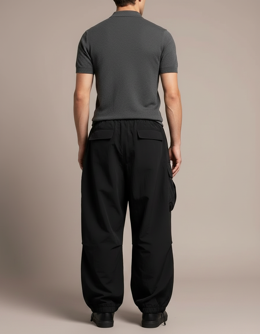 Pantalon Noir Cargo Ample Cordon Streetwear Homme - Polyester - vue 2