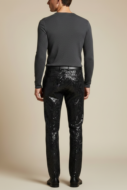 Pantalon Noir Brodé Paillettes Slim Homme Élégant - Satin - vue 2
