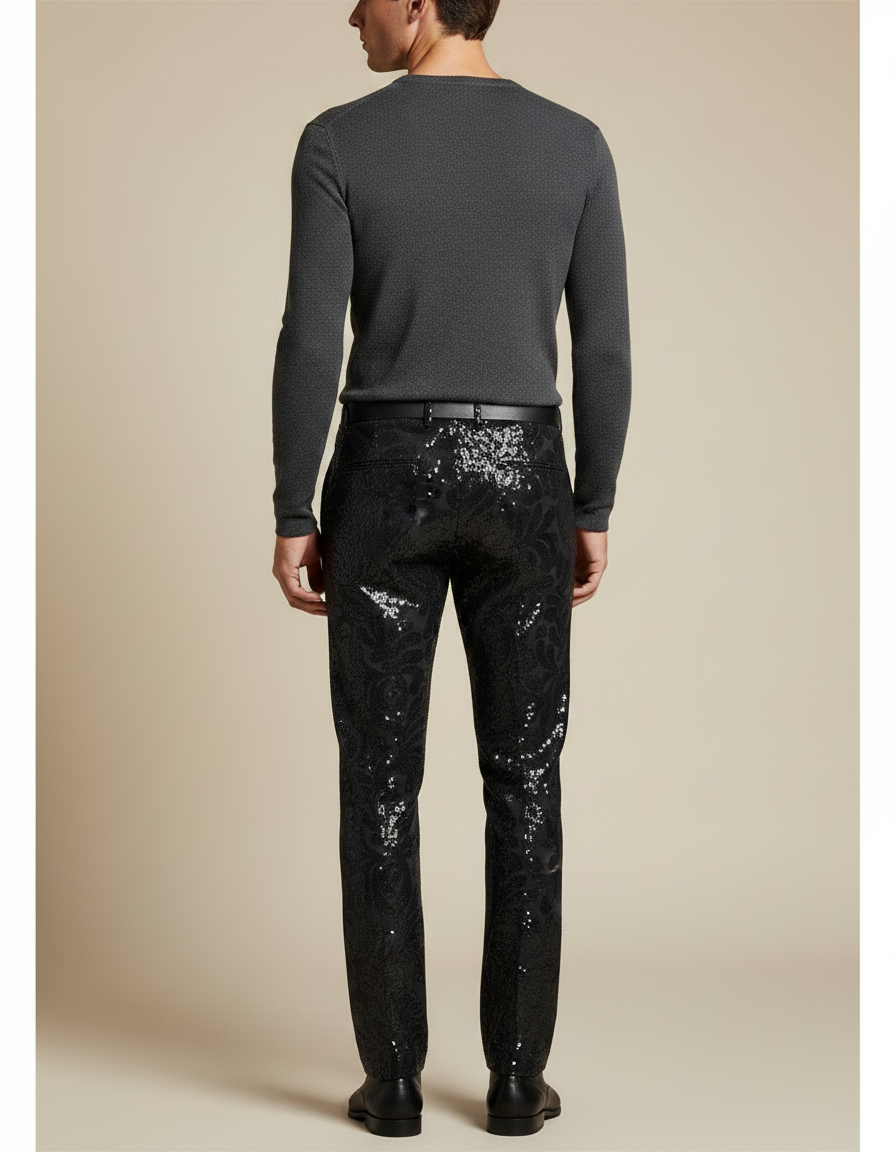 Pantalon Noir Brodé Paillettes Slim Homme Élégant - Satin - vue 2