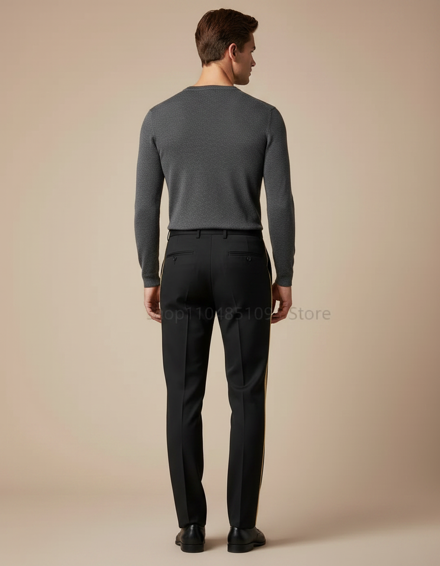 Pantalon Noir Bande Dorée Droit Habillé Homme - Gabardine - vue 2