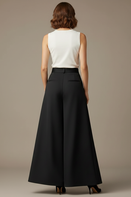Pantalon Noir Évasé Fluide Taille Haute Élégant - Polyester - vue 2
