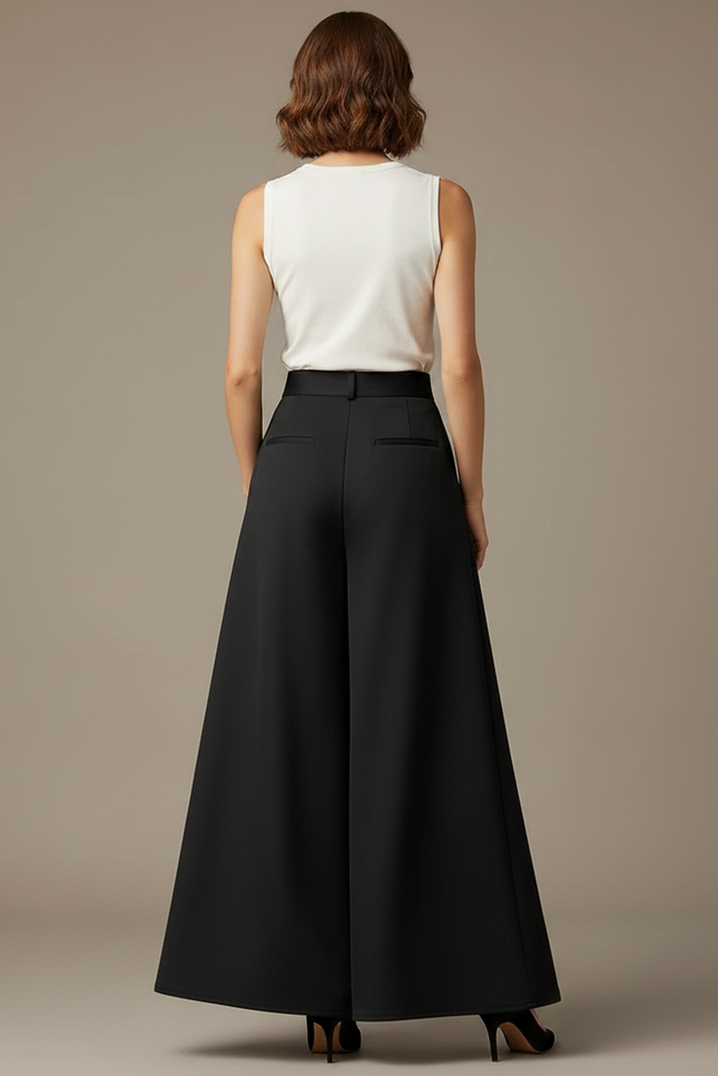Pantalon Noir Évasé Fluide Taille Haute Élégant - Polyester - vue 2