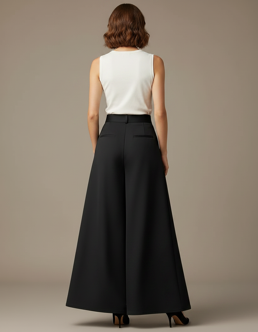 Pantalon Noir Évasé Fluide Taille Haute Élégant - Polyester - vue 2