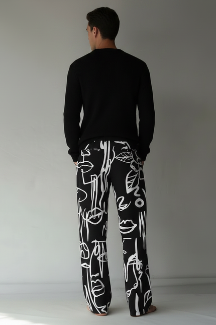 Pantalon Noir Ample Imprimé Abstrait Décontracté Homme - Maille - vue 2