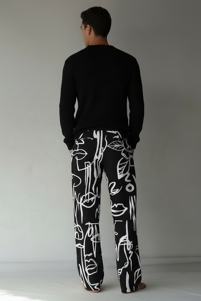 Pantalon Noir Ample Imprimé Abstrait Décontracté Homme - Maille - vue 2