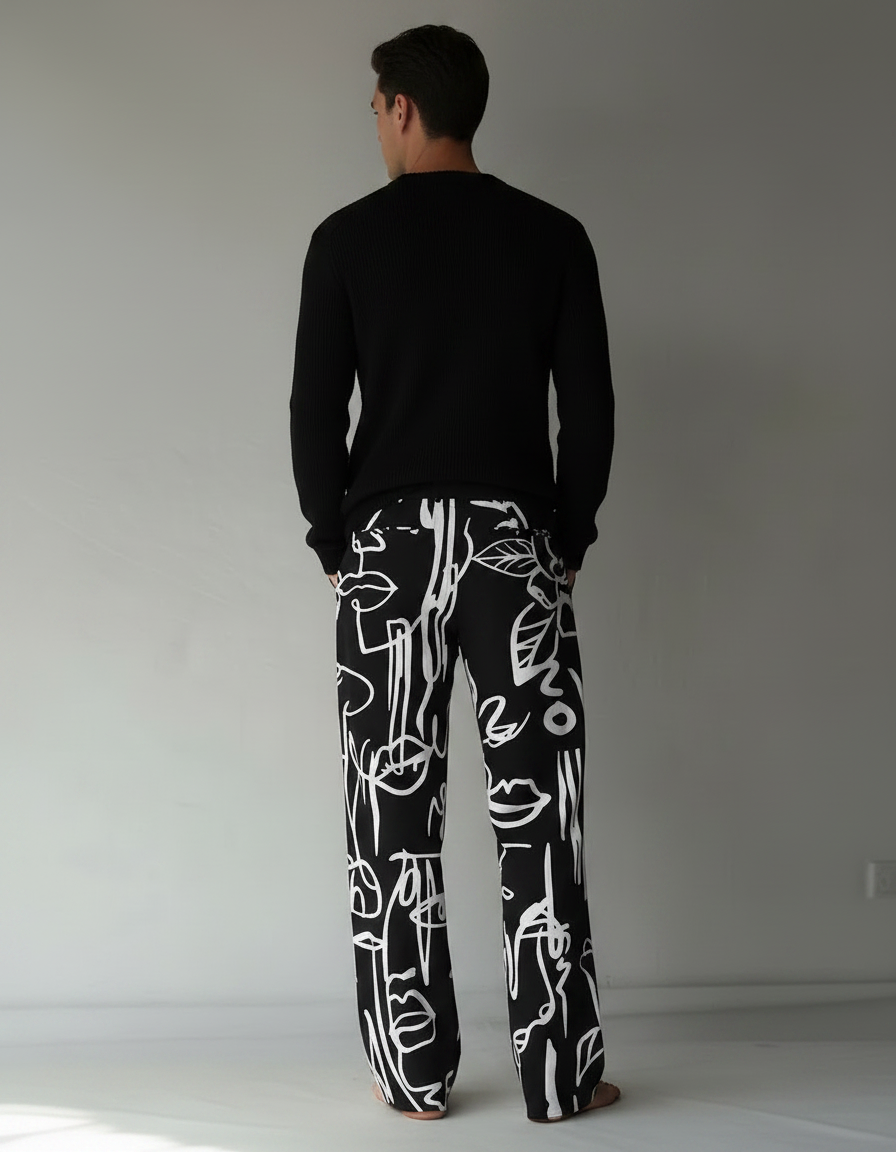 Pantalon Noir Ample Imprimé Abstrait Décontracté Homme - Maille - vue 2
