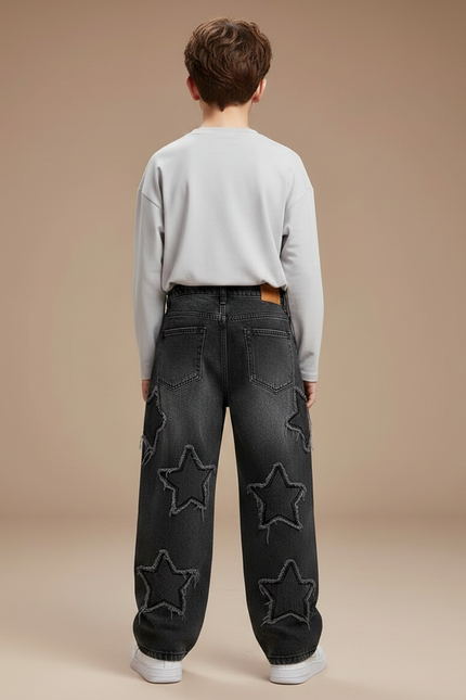 Pantalon Noir Ample Denim Étoiles Déchirées Garçon - Jean - vue 2