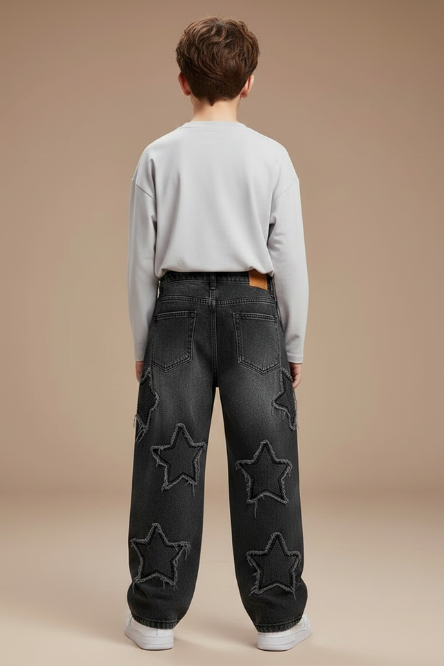 Pantalon Noir Ample Denim Étoiles Déchirées Garçon - Jean - vue 2