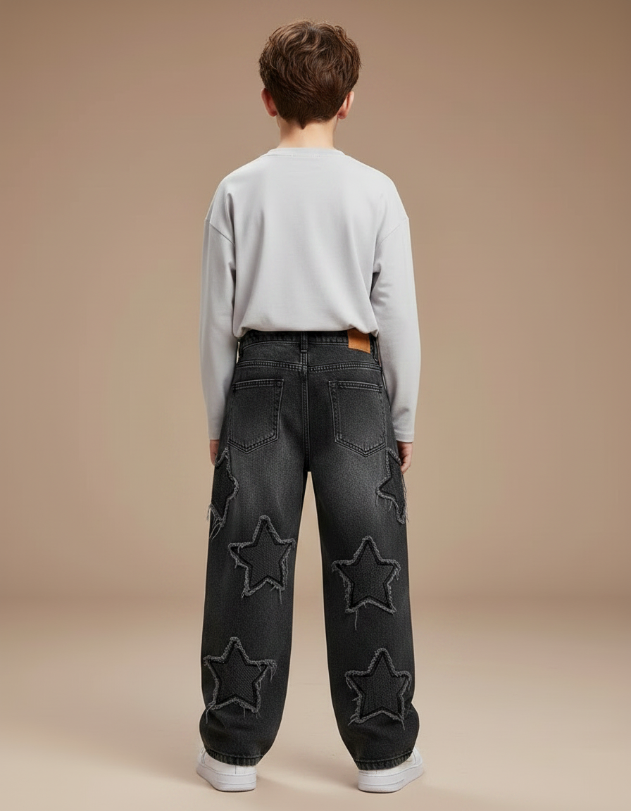 Pantalon Noir Ample Denim Étoiles Déchirées Garçon - Jean - vue 2