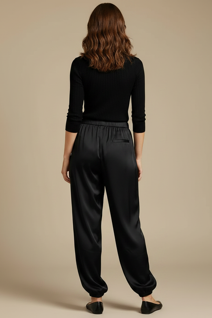 Pantalon Noir Fluide Satin Ample Élégant Femme - vue 2