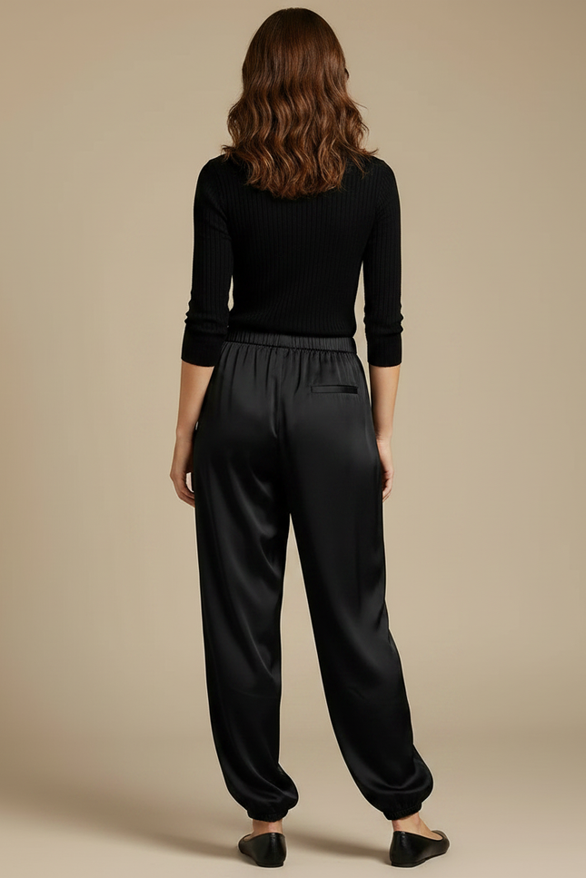 Pantalon Noir Fluide Satin Ample Élégant Femme - vue 2