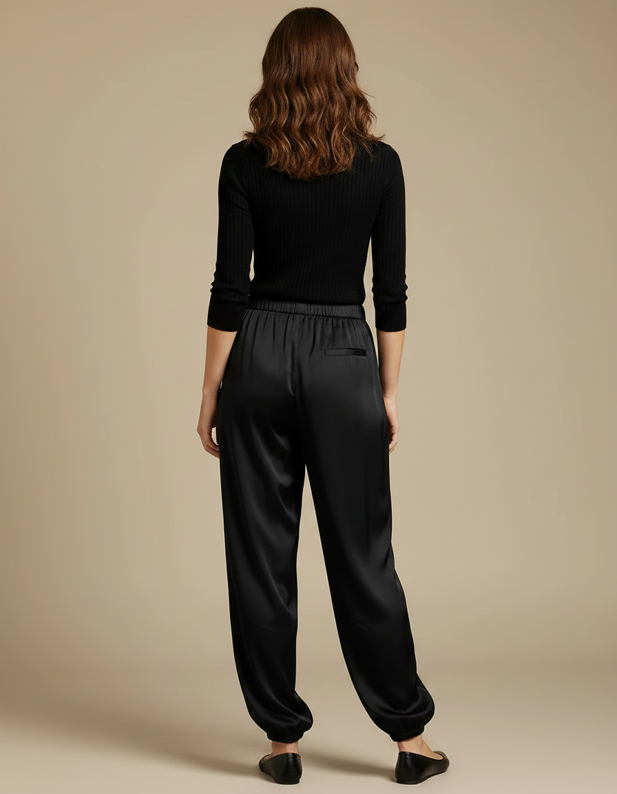 Pantalon Noir Fluide Satin Ample Élégant Femme - vue 2