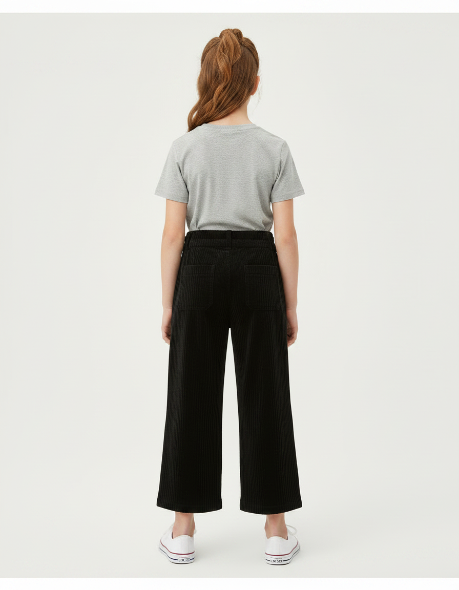 Pantalon Noir Côtelé Droit Enfant Décontracté Hiver - Cordé - vue 2
