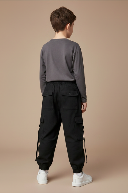 Pantalon Noir Cargo Garçon Décontracté Streetwear Ample - Polyester - vue 2