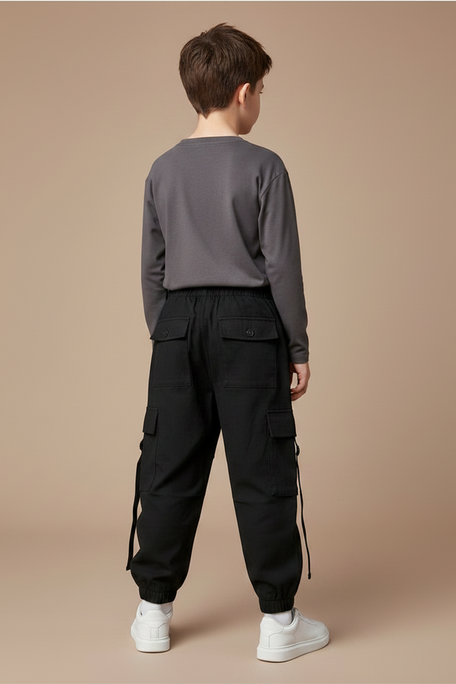 Pantalon Noir Cargo Garçon Décontracté Streetwear Ample - Polyester - vue 2