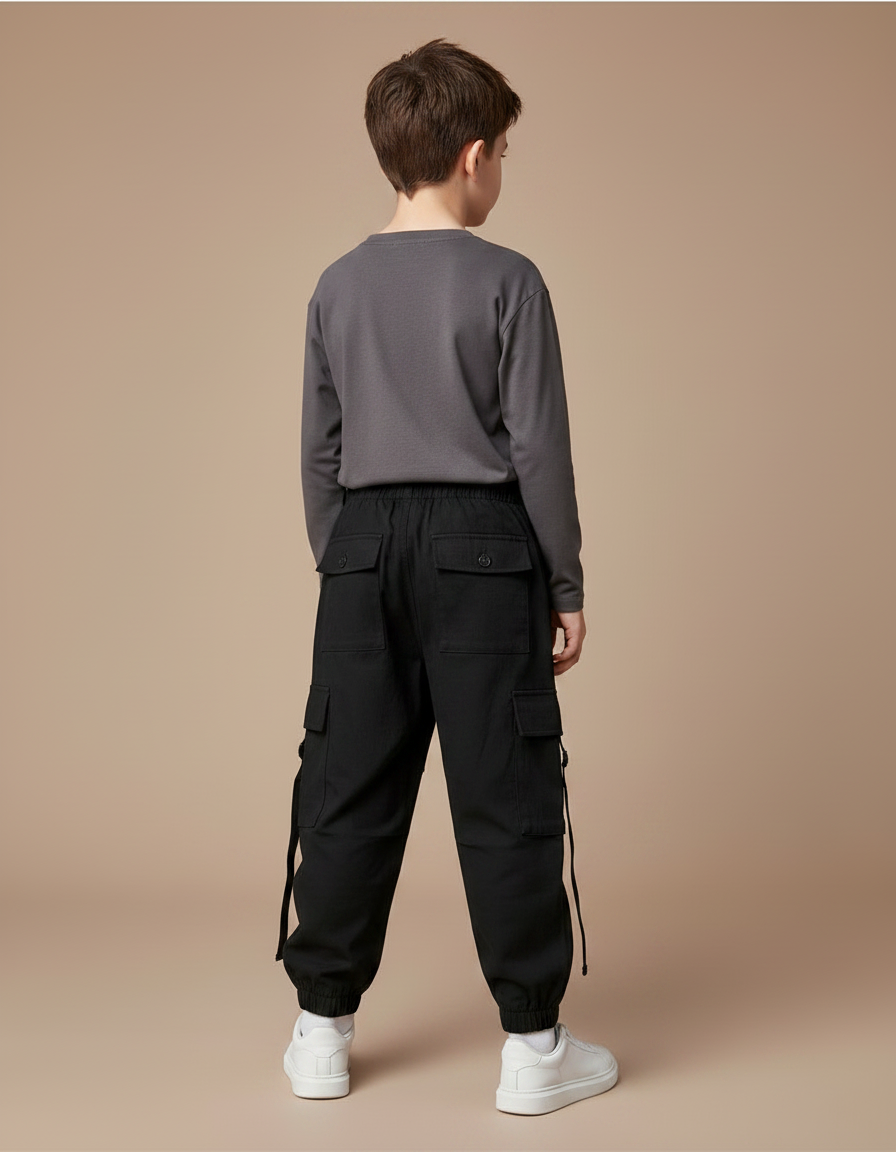 Pantalon Noir Cargo Garçon Décontracté Streetwear Ample - Polyester - vue 2
