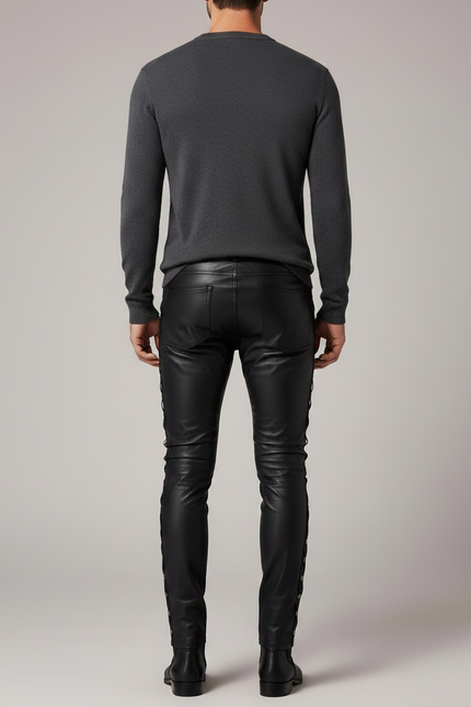 Pantalon Noir Cuir Lacets Homme Slim - vue 2