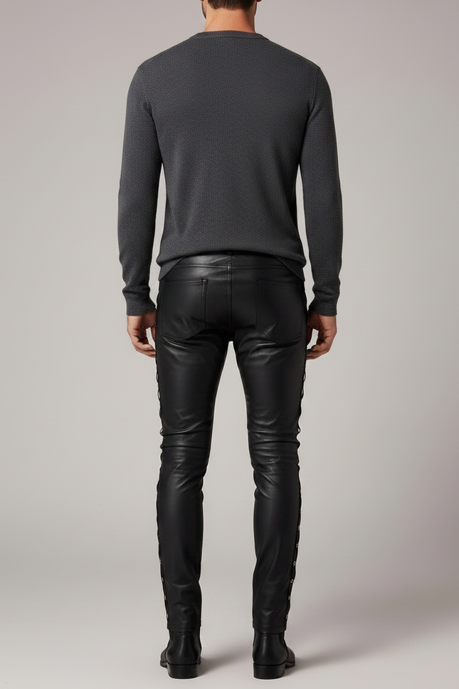 Pantalon Noir Cuir Lacets Homme Slim - vue 2