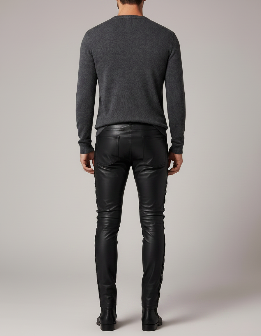 Pantalon Noir Cuir Lacets Homme Slim - vue 2