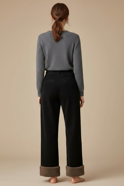 Pantalon Noir Côtelé Ample Doublé Polaire Femme - Cordé - vue 2