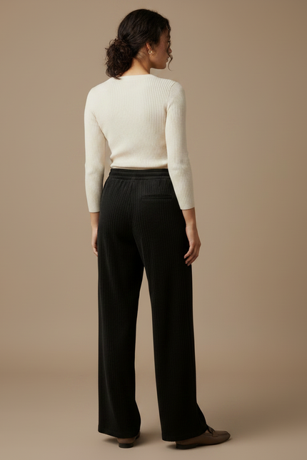 Pantalon Noir Côtelé Ample Décontracté Fluide - Cordé - vue 2