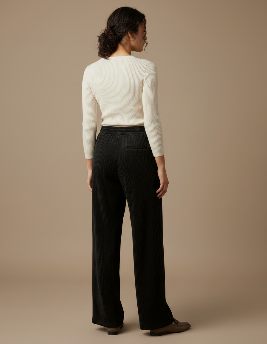 Pantalon Noir Côtelé Ample Décontracté Fluide - Cordé - vue 2
