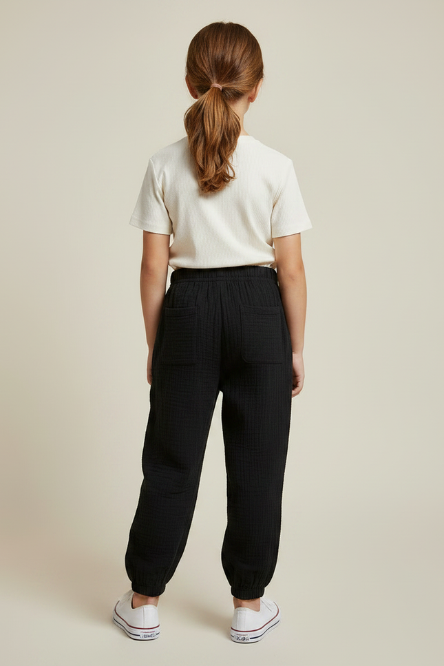 Pantalon Noir Ample Coton Gaufré Enfant Confortable - vue 2