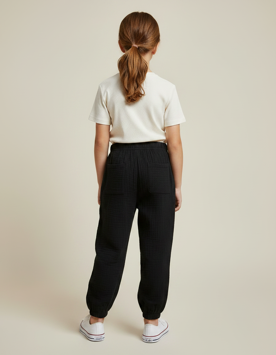 Pantalon Noir Ample Coton Gaufré Enfant Confortable - vue 2