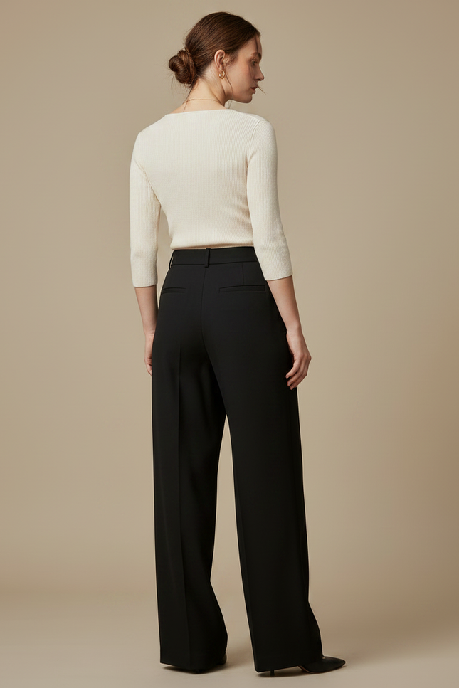 Pantalon Noir Large Plissé Fluide Élégant - Polyester - vue 2