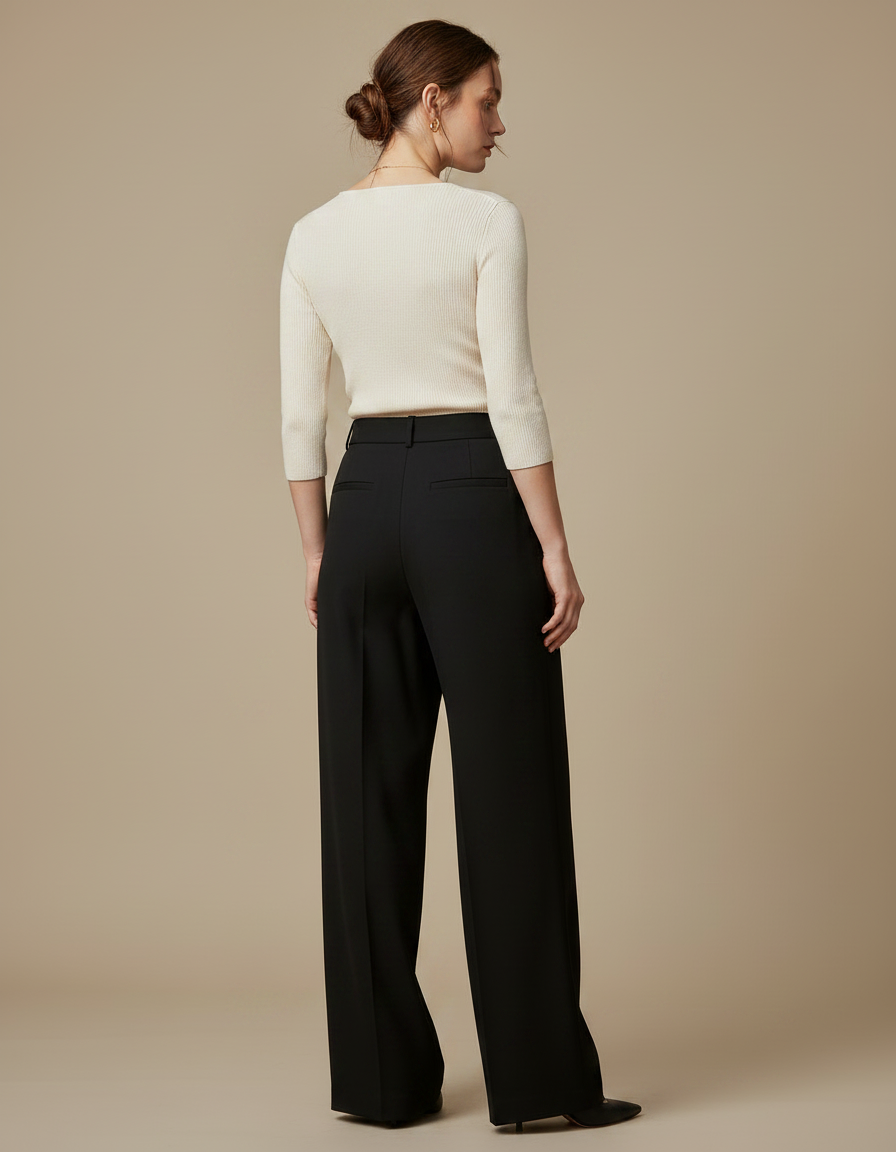 Pantalon Noir Large Plissé Fluide Élégant - Polyester - vue 2