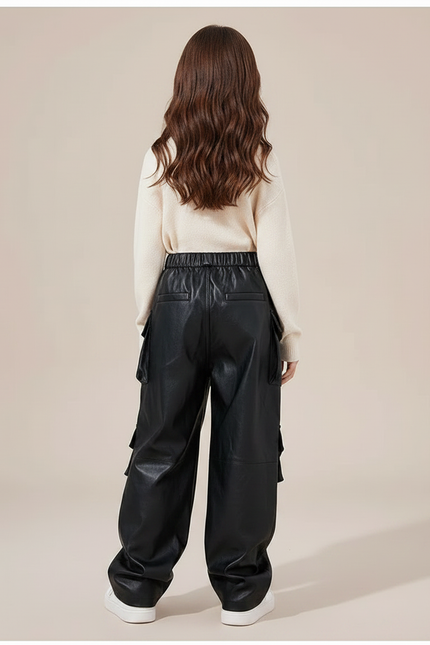Pantalon Noir Fille Cuir Ample Cargo Streetwear - Simili cuir - vue 2