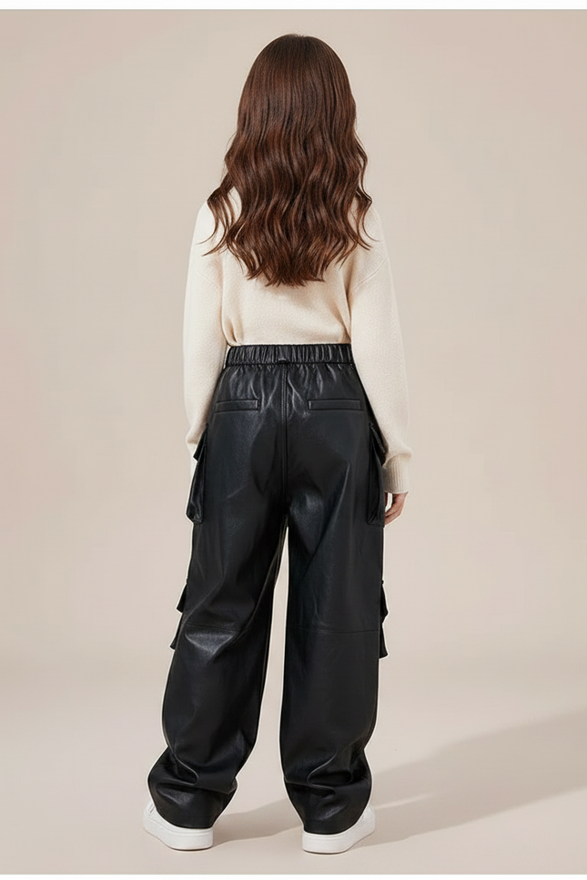Pantalon Noir Fille Cuir Ample Cargo Streetwear - Simili cuir - vue 2