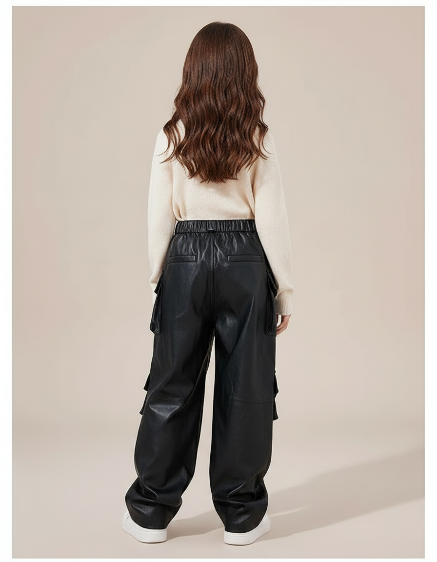 Pantalon Noir Fille Cuir Ample Cargo Streetwear - Simili cuir - vue 2