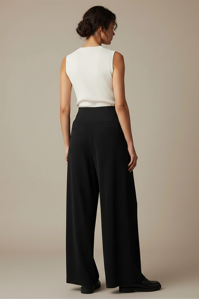 Pantalon Noir Ample Plissé Taille Haute Femme - Polyester - vue 2