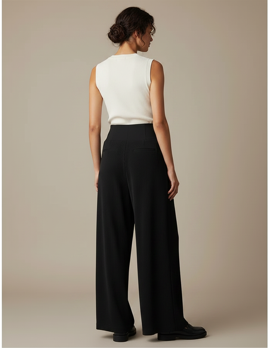 Pantalon Noir Ample Plissé Taille Haute Femme - Polyester - vue 2