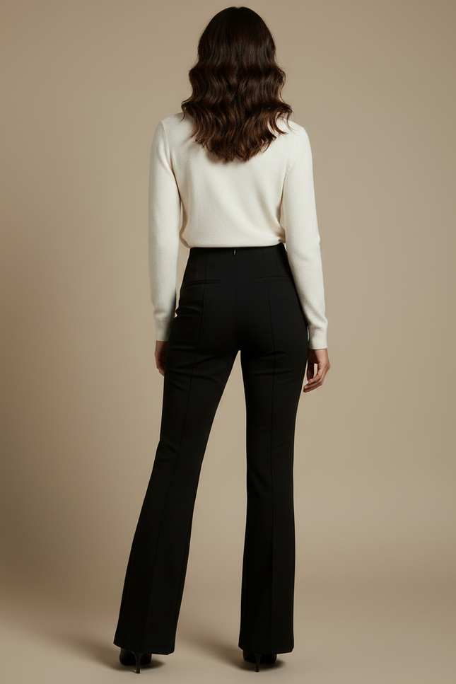 Pantalon Noir Évasé Taille Haute Élégant Côtelé - Maille - vue 2